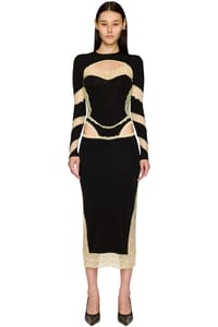 Picture of Draped Jersey & Lace Long Sleeve Midi Dress