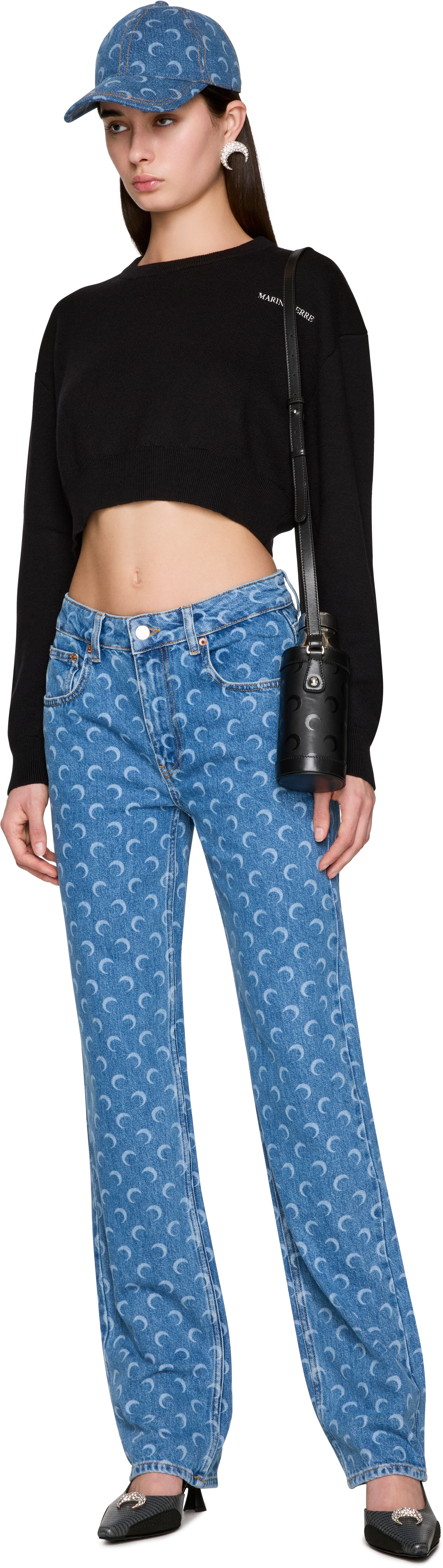 Marine Serre Merino Wool Knit Long Sleeve Cropped Sweater