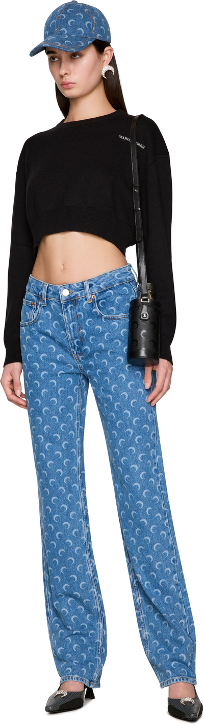 Marine Serre Merino Wool Knit Long Sleeve Cropped Sweater