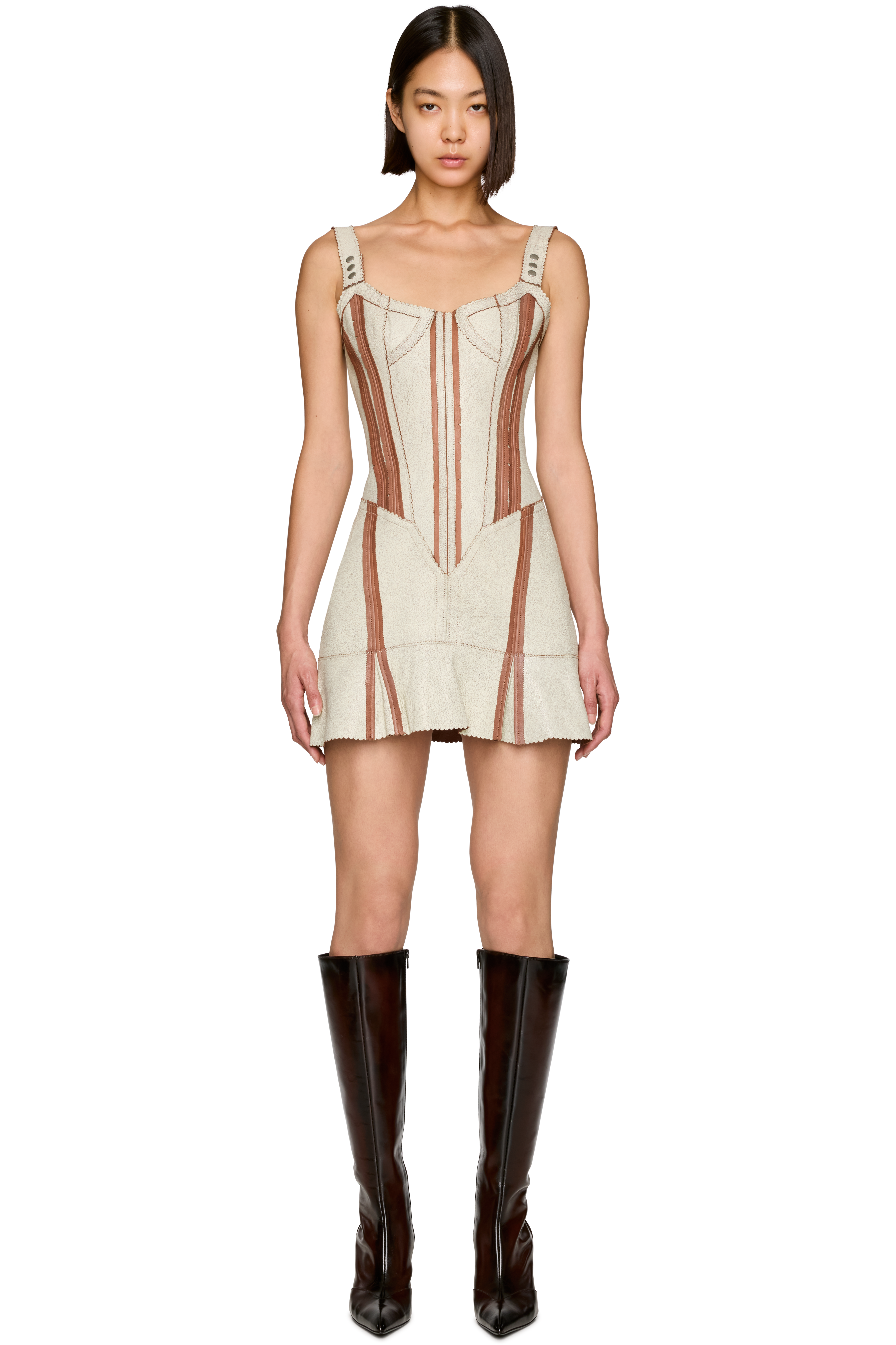 open lace back dress Soft-Jersey Boat-Neck Draped Mini Dress in Chocolate Brown - XL