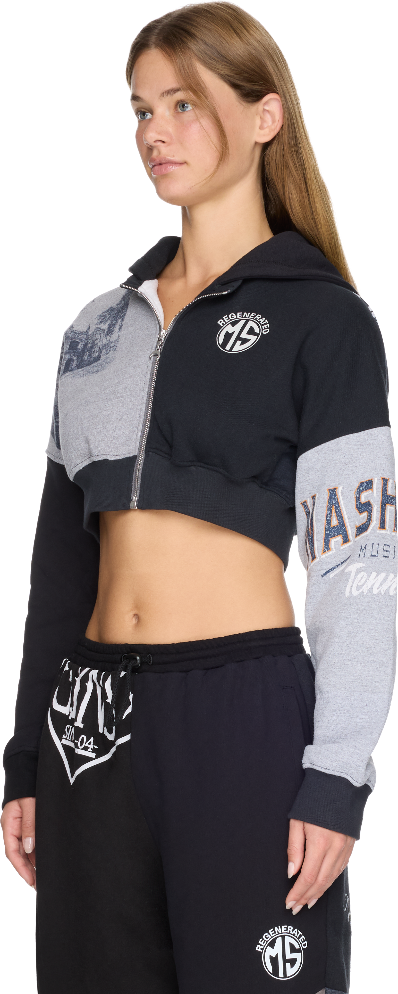 Marine Serre Upcycled Graphic Sweatshirts Cropped Zipped Hoodie Top