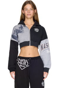 Picture of Upcycled Graphic Sweatshirts Cropped Zipped Hoodie Top