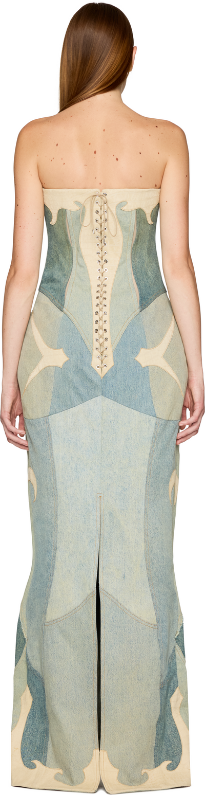 Marine Serre Couture Regenerated Denim and Leather Bustier Maxi Dress