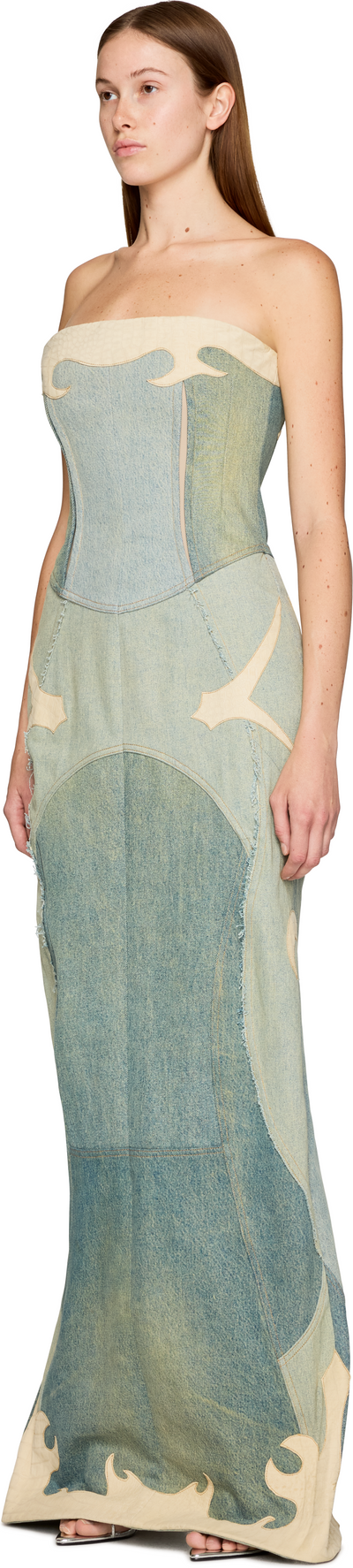 Marine Serre Couture Regenerated Denim and Leather Bustier Maxi Dress