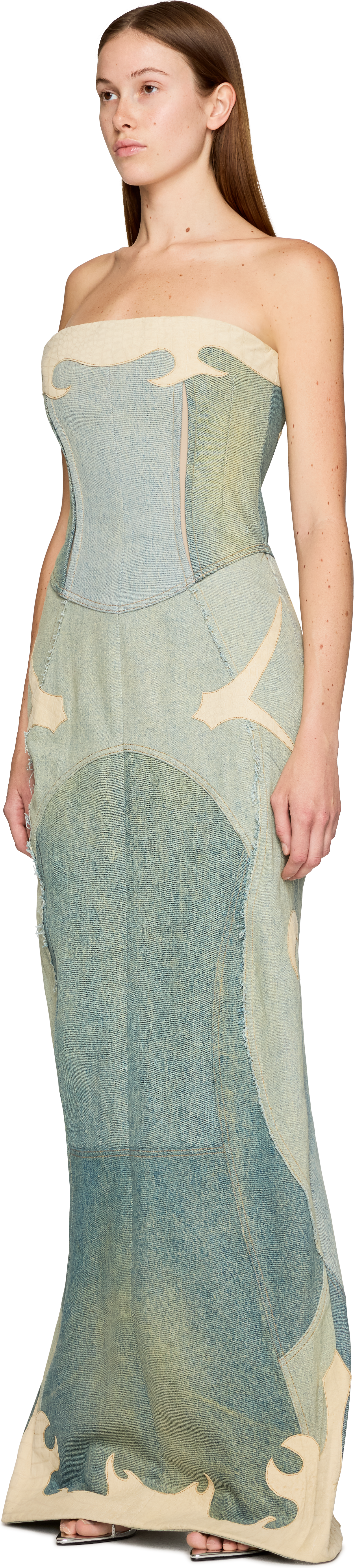 Marine Serre Couture Regenerated Denim and Leather Bustier Maxi Dress