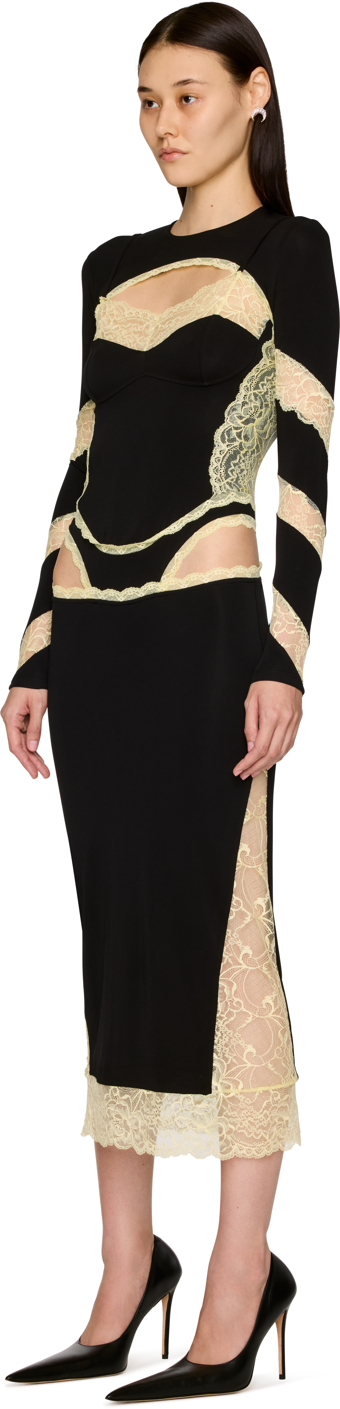 Marine Serre Draped Jersey & Lace Long Sleeve Midi Dress